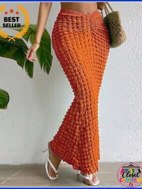 Women's High Waisted Pleated Textured Fishtail Wrap Maxi Skirt Beach Vacation